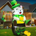 KOOY 4FT St Patricks Day Inflatables Outdoor Decorotion, Happy Saint Patricks Day Blow Up inflatables Cat with Leprethaun Hat Sit on Gold Pot, Patrick Decorations for Holiday Party Garden Lawn Décor - Image 4
