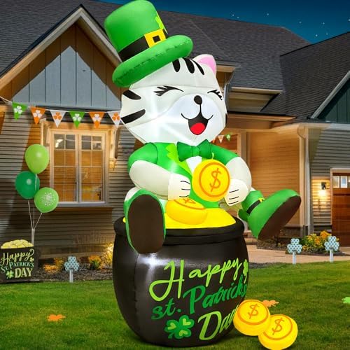KOOY 4FT St Patricks Day Inflatables Outdoor Decorotion, Happy Saint Patricks Day Blow Up inflatables Cat with Leprethaun Hat Sit on Gold Pot, Patrick Decorations for Holiday Party Garden Lawn Décor - Image 4