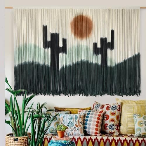 Macrame Wall Hanging Handmade Green Cactus Dip-Dye Fiber Art 57"W*35"L - Image 2