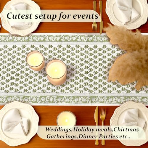 CPC Emerald Green Block Print Cotton Table Runner 16x106 Inch Long Runner - Image 3
