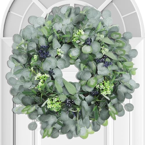Eucalyptus Wreath for Front Door, 24 Inch boxwood wreath for Front Door Decor, Artificial Spring Summer Wreaths for All Seasons, Large Greenery Outdoor Wreaths for Window,Farmhouse,Holiday Decorations by TISEMENT