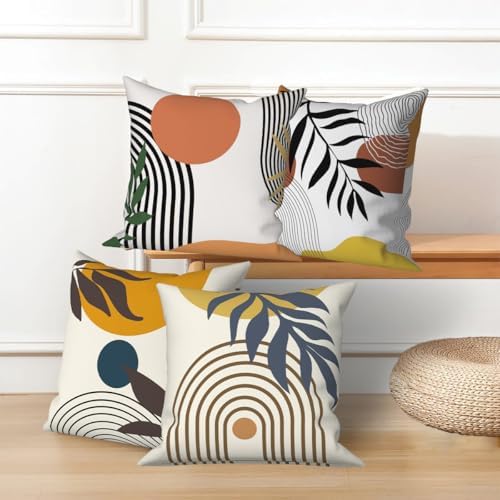 4 Pcs/Set Abstract Line Throw Pillow Covers Boho Sun Moon Arch Botanical Leaves Geometric Lines Plants Linen Throw Cushion Cases for Couch Sofa Bedroom Decorative, 22"x22" - Image 4