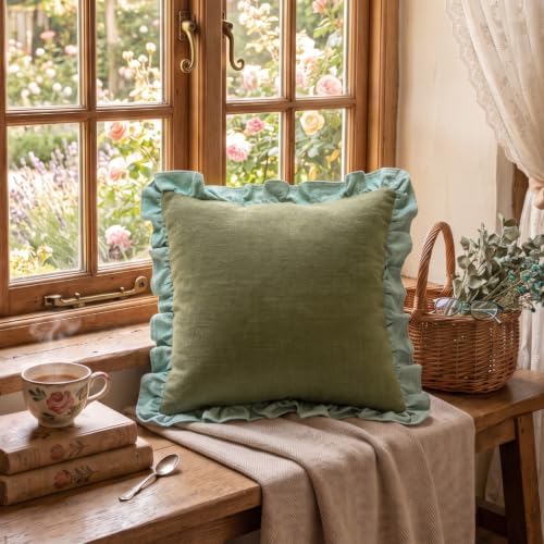 patdrea Vintage Green Linen Throw Pillow Covers,Set of 2,22"x22"-Kubum - Image 3