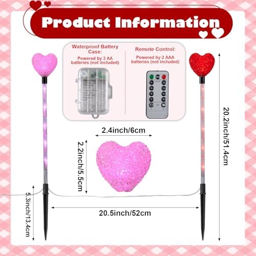 YUNVI 6 Pack Valentine's Day Pathway Lights,8 Modes LEDs Red&Pink Heart Stake Light with Timer Valentine Walkway String Lights Markers for Outdoor Backyard Patio Lawn Garden Party Decoration - Image 2