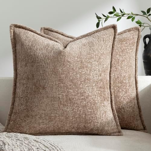 DEZENE Pack of 2 Khaki Euro Shams Pillow Covers 26x26 Cozy Soft Chenille Decorative Throw Pillow Covers Accent Vintage Square Couch Pillow Covers for Home Decor Bed Sofa Living Room by DEZENE