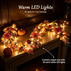 Thanksgiving Harvest Garland 6FT, Dahlia Pumpkin Pomegranate Berries Maple Leaves Grapevine with LED Lights, Fall Farmhouse Mantle Decor and Autumn Fireplace Table Centerpiece - Image 5