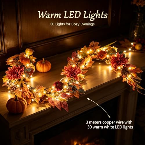 Thanksgiving Harvest Garland 6FT, Dahlia Pumpkin Pomegranate Berries Maple Leaves Grapevine with LED Lights, Fall Farmhouse Mantle Decor and Autumn Fireplace Table Centerpiece - Image 5