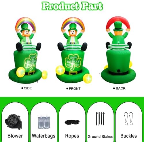 7.1FT St. Patricks Day Inflatables Leprechaun Holding Rainbow Sitting On the Shamrock Hat Decoration, St Patrick Blow up Yard Decoration Leprechaun Inflatable Built-in 6 LED for Irish Decor - Image 5