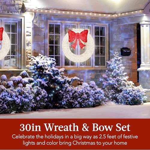 Best Choice Products 30in Pre-Lit Outdoor Christmas Wreath Decoration, LED Metal Holiday Decor for Home w/ 100 Lights, Bow - White/Red - Image 2