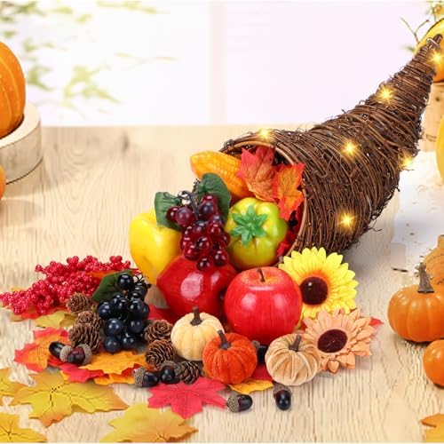 20pcs Thanksgiving Cornucopia Basket Set Fall Table Centerpieces 18inch Horn Cornucopia Centerpiece of Plenty Harvest Decor with Artificial Leave Acorn Fruits Decor for Autumn Dining Table Centerpiece by Yookeer