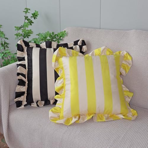 vctops Ruffle Square Throw Pillow Covers Boho Pink and Red Striped Decorative Pillowcases Set of 2, Soft Velvet Accent Cushion Cover Cases for Sofa Bed Living Room Decor (Yellow Beige,18"x18") - Image 4