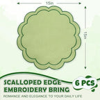 Whaline Green Linen Placemats Embroidered Round Scalloped Kitchen Place Mats for Spring Party Hotel Restaurant Kitchen Home Dining Table Decor, Set of 6, 15 x 15 in - Image 2