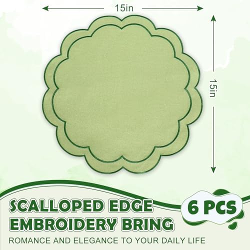 Whaline Green Linen Placemats Embroidered Round Scalloped Kitchen Place Mats for Spring Party Hotel Restaurant Kitchen Home Dining Table Decor, Set of 6, 15 x 15 in - Image 2