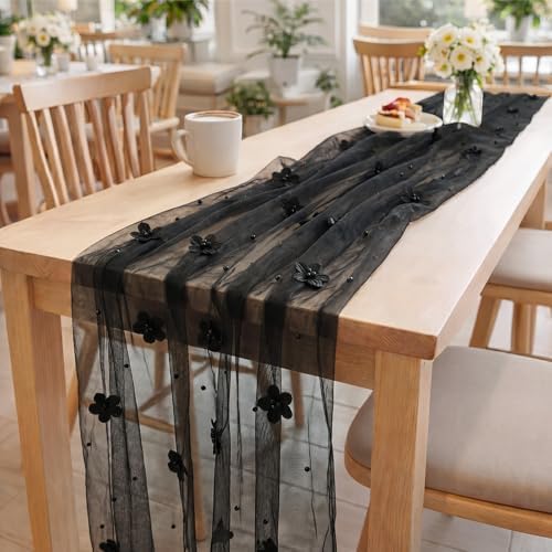 6 Pcs 29x120'' Pearl Tulle Table Runner 10ft Wedding Tablecloth, Black - Image 4