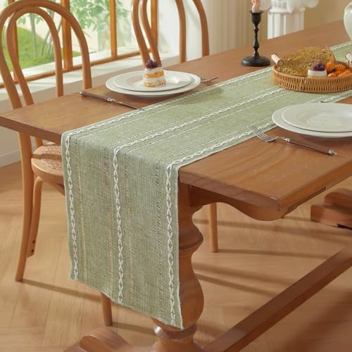 Sage Green Boho Cotton Linen Table Runner, Farmhouse Woven Table Runners Spring Holiday Kitchen Dining Table Decoration for Home Party Decor 13 x 120 - Image 7