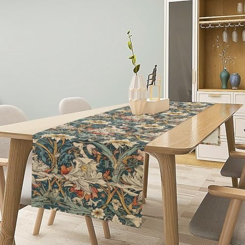 William Morris Style Floral Table Runner, Vintage Abstract Botanical Floral White and Green Pattern for Home Kitchen Table Decor Dining Coffee Room Party Decor 13x120in - Image 3