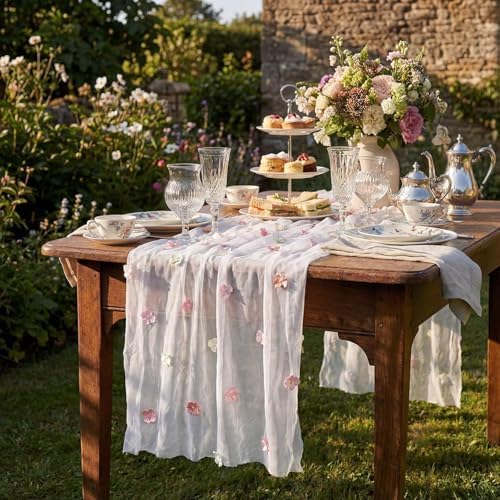 Remagr 4 Pcs 9.8 Ft Pink Flower Table Runner Embroidery Tulle Wedding - Image 2