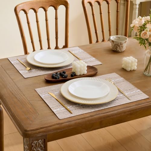Wracra Cotton Linen Place Mats, Brown Embroidered Placemats Set of 8 - Image 5