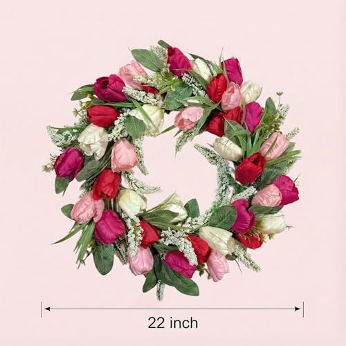 22 Inch Valentine's Day Wreath Artificial Valentines Wreaths for Front Door, Pink Floral Wreath with Green Leaves, Spring Home Decor for Wedding Holiday Window Wall Indoor Outdoor Decorations - Image 3