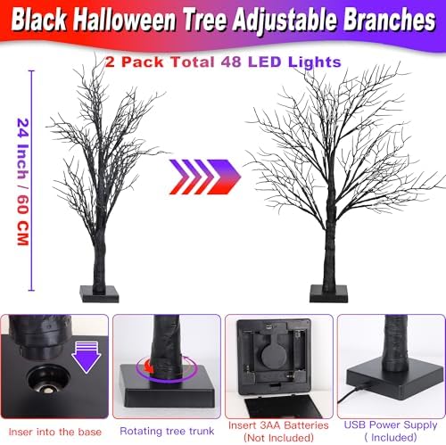 Halloween Decorations Indoor 2 Pack 24 Inch Black Halloween Tree with 48 Orange Purple Led Lights, Timer/USB/Battery Operated Lighted Tabletop Spooky Tree for Table Home Office Party Decor - Image 3