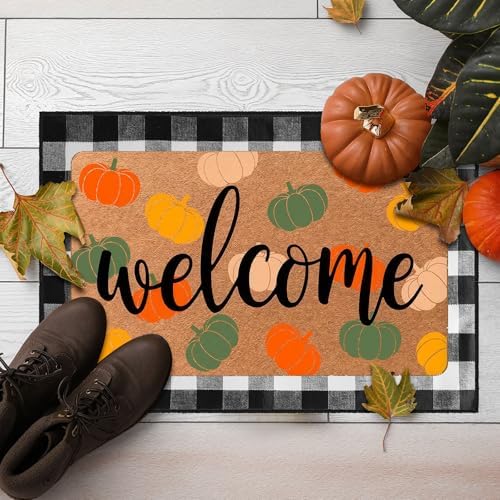 Tinideya 2 Pcs Fall Welcome Doormat 23x35 in Layered Buffalo Plaid Carpet Thanksgiving Non Slip Pumpkin Bathroom Coir Mats Orange Cute for Entrance Porch Indoor Outside Home Gift Supplies Decor - Image 2