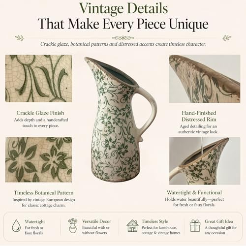 10" Farmhouse Pitcher Vase – Tuscan Green Scroll Ceramic Vase with Handle, Vintage Floral Decorative Jug for Kitchen Counter, Table, Mantel Decor - Image 3