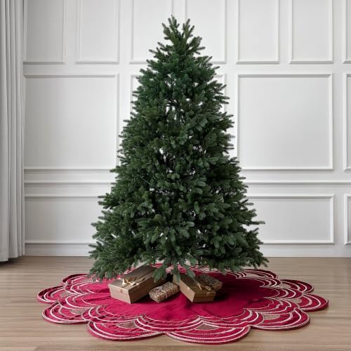 72-Inch Beaded Scalloped Satin Christmas Tree Skirt, Cranberry - Image 2