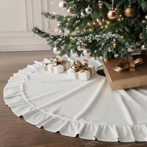 Velvet Christmas Tree Skirt, 60 Inches White Ruffled Velvet Christmas Tree Skirt,Rustic Vintage Xmas Tree Skirt for Party Decorations by DegGod