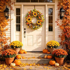 Sunflower Wreath, 24 In Fall Harvest Wreath with Large Yellow Sunflowers, White Daisy, Orange Mums, Eucalyptus Leaves, Autumn Foliage & Grain Stems for Front Door, Farmhouse Porch Autumn Decor - Image 6