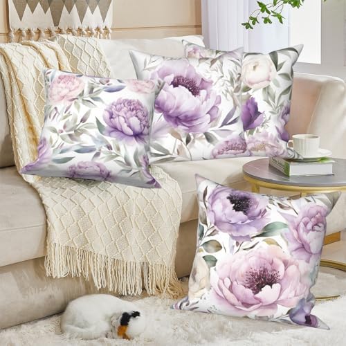 Purple Floral Throw Pillow Covers 26''x26'' Set of 4, Spring Blooming Flowers Cushion Covers Watercolor Printed Couch Pillowcases for Sofa Chair Home Bedroom Farmhouse Livingroom Patio Car - Image 4