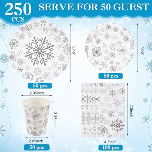Pickmesh 250 Pcs Christmas Dinnerware Set Snowflake Disposable Paper Plates Napkins and Cups Xmas Luncheon Dinner Tableware for Winter Christmas Birthday Party Supplies Table Decor - Image 2