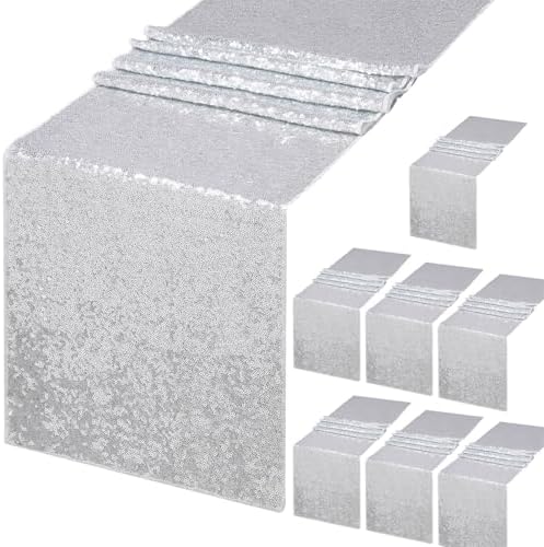 B-COOL Silver Sequin Table Runner: 8 Packs 12x72 Inch Christmas Table Runners Glitter Sparkly Fabric for Engagement Outdoor Wedding Party Birthday Decoration by B-COOL