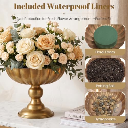 Gold Vases for Centerpieces Tables, Tall Metal Flower Urn Pedestal Vase Compote Bowl with Plastic Liners, Vintage Floral Arrangement Pots for Wedding Table Decor (Medium: 7.87''×7.87''×5.4'') - Image 3