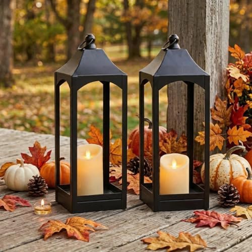 Fall Decor - 2-Pack 16.41" Black Metal Vintage Candle Lanterns with LED Flameless Candles – Decorative Indoor/Outdoor Fall Decorations for Home, Halloween Decor for Porch Mantel Table（NO Glass） by LETINE