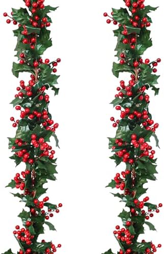 Uguisu 2pcs 5.6ft Red Artificial Christmas Garland,Eucalyptus Green Garland with Berry Flower Clusters,Artificial Vines for Fireplaces,Dining Tables,Christmas Parties by Uguisu
