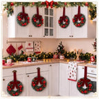 Dingion 6 Pcs 6 Inch Mini Christmas Cabinet Wreath with Burgundy Bow - Image 3