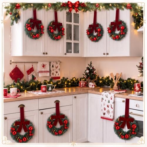 Dingion 6 Pcs 6 Inch Mini Christmas Cabinet Wreath with Burgundy Bow - Image 3