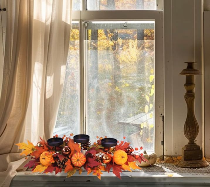 Fall Candle Holder Centerpiece for Table – Thanksgiving Table Decor with Pumpkins, Maple Leaves,Autumn Harvest Decoration with 3 Candle Holders for Dining Table, Fireplace & Home Decor - Image 6