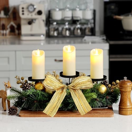 meekoo Christmas Centerpiece with 3 Candle Holders 3 LED Candles 1 String Lights Xmas Triple Candelabrum Bow Berry Pine Cones with 3 Candle Holders for Tables Home Decorations - Image 6
