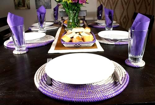 Senegal Placemats/African Bohemian Woven Seagrass Placemats/Natural Wicker Round Basket Placemats/Decorative Hanging Wicker Plates/Hanging Wall Decor (Purple & White) - Image 3
