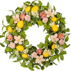 Lemon Eucalyptus Wreath for Front Door - 22 Inch Artificial Lemon Wreath with Fabric Leaves & Pink Camellias, Farmhouse Kitchen Decor, Spring Summer Welcome Wall Hanger by wwmira