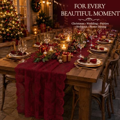 Burgundy Lace Table Runner with Floral Embroidered (3pcs, 28”x118”) - Image 2
