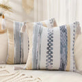 decorUhome Boho Decorative Throw Pillow Covers 18x18 Set of 2, Striped Chenille Tufted Pillow Covers with Tassels for Couch Bed Sofa, Cream White and Light Grey by decorUhome