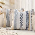 decorUhome Boho Decorative Throw Pillow Covers 18x18 Set of 2, Striped Chenille Tufted Pillow Covers with Tassels for Couch Bed Sofa, Cream White and Light Grey by decorUhome