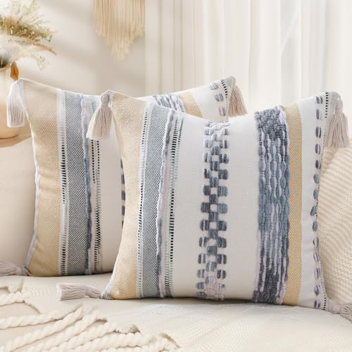 decorUhome Boho Decorative Throw Pillow Covers 18x18 Set of 2, Striped Chenille Tufted Pillow Covers with Tassels for Couch Bed Sofa, Cream White and Light Grey by decorUhome