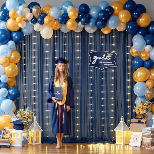 20x10ft Navy Blue Tulle Backdrop Curtain with Lights String for Parites, Sheer Backdrop Curtains for Wedding Baby Shower Birthday Party Photo Shoot Decorations - Image 4