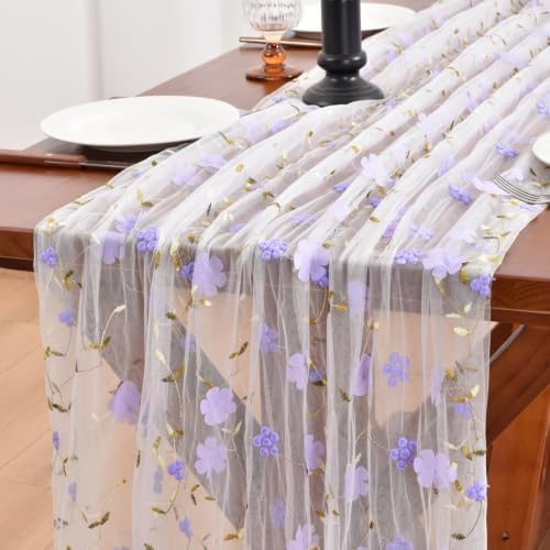 Lilac Wildflowers Table Runner Gauze Floral Birthday Party Home Table Decor by Joanlody