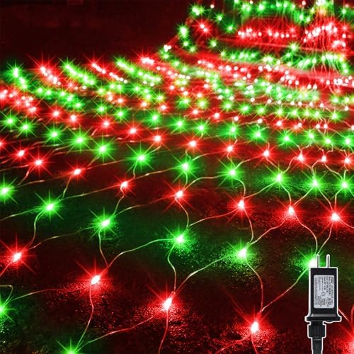WATERGLIDE Outdoor Christmas Net Lights, 12FT x 5FT 360 LED Mesh String Light with 8 Lighting Mode, Connectable Waterproof Lights for Garden Tree Bushes, Holiday Wedding Party Decoration, Red & Green by WATERGLIDE