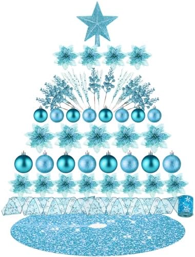 Realspring 72 Pieces Christmas Tree Ornament Set Xmas Assorted Decorations Bulk Glitter Poinsettia Berry Picks Topper Star Sequin Tree Skirts for Home Wreaths Holiday Party Favors (Light Blue) by Realspring