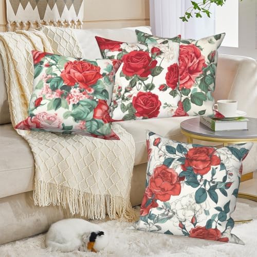 Red Rose Throw Pillow Cover 24''x24'' Set of 4, Spring Colorful Flowers Cushion Cover Rustic Blooming Floral Pillowcase for Couch Sofa Home Bedroom Farmhouse Livingroom Patio Car Outdoor - Image 4